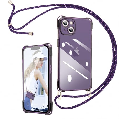 Ethanger Handykette für iPhone 14 Hülle mit Band Durchscheinend Silikon Handyhülle zum Umhängen Kordel Abnehmbar Necklace Transparent Case Stoßfest Schutzhülle für iPhone 14 Lila von Ethanger