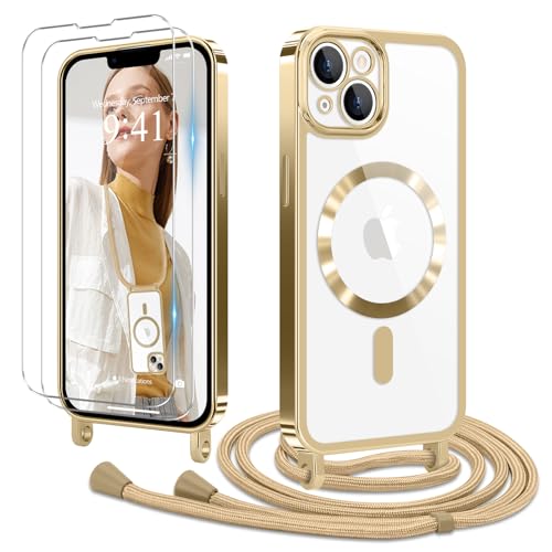 Ethanger Handykette für iPhone 14 Plus Hülle mit Band + 2 Stück Glas Schutzfolie Magnetische Schutzhülle Transparent Silikon Handyhülle zum Umhängen Kordel für iPhone 14 Plus Gold von Ethanger