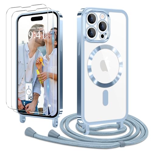 Ethanger Handykette für iPhone 14 Pro Hülle mit Band + 2 Stück Glas Schutzfolie Transparent Silikon Handyhülle Magnetische Schutzhülle für iPhone 14 Pro Blau von Ethanger