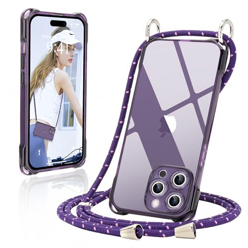 Ethanger Handykette für iPhone 14 Pro Hülle mit Band Durchscheinend Silikon Handyhülle zum Umhängen Kordel Abnehmbar Necklace Transparent Case Stoßfest Schutzhülle für iPhone 14 Pro Lila von Ethanger