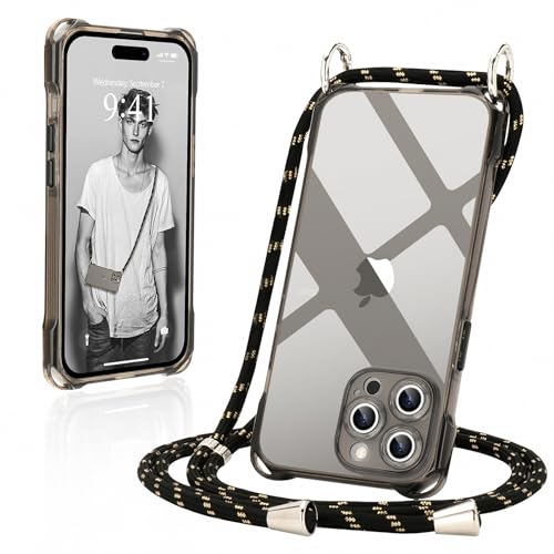 Ethanger Handykette für iPhone 14 Pro Hülle mit Band Durchscheinend Silikon Handyhülle zum Umhängen Kordel Abnehmbar Necklace Transparent Case Stoßfest Schutzhülle für iPhone 14 Pro Schwarz von Ethanger