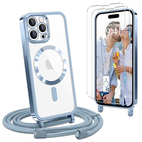 Ethanger Handykette für iPhone 14 Pro Max Hülle mit Band + 2 Stück Glas Schutzfolie Transparent Silikon Handyhülle Magnetische Schutzhülle für iPhone 14 Pro Max Blau von Ethanger