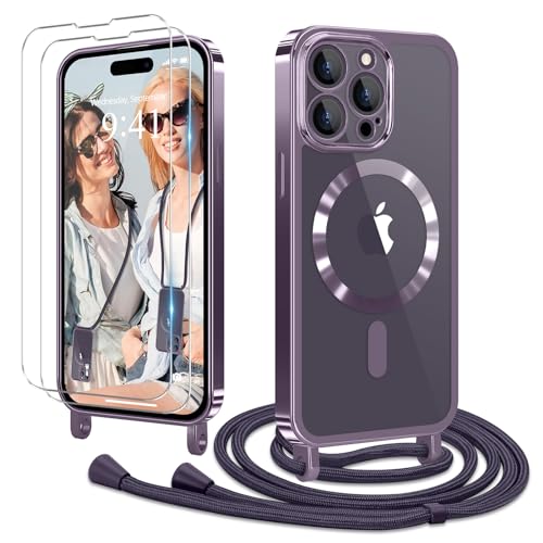 Ethanger Handykette für iPhone 14 Pro Max Hülle mit Band + 2 Stück Glas Schutzfolie Transparent Silikon Handyhülle zum Umhängen Magnetische Schutzhülle für iPhone 14 Pro Max Lila von Ethanger