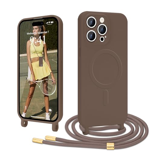 Ethanger Handykette für iPhone 14 Pro Max Hülle mit Band [Kompatibel mit Magsafe] Flüssig Silikon Necklace Handyhülle Magnetische Schutzhülle zum Umhängen Kordel für iPhone 14 Pro Max Braun von Ethanger