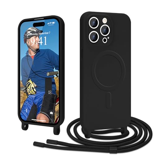 Ethanger Handykette für iPhone 14 Pro Max Hülle mit Band [Kompatibel mit Magsafe] Flüssig Silikon Necklace Handyhülle Magnetische Schutzhülle zum Umhängen Kordel für iPhone 14 Pro Max Schwarz von Ethanger