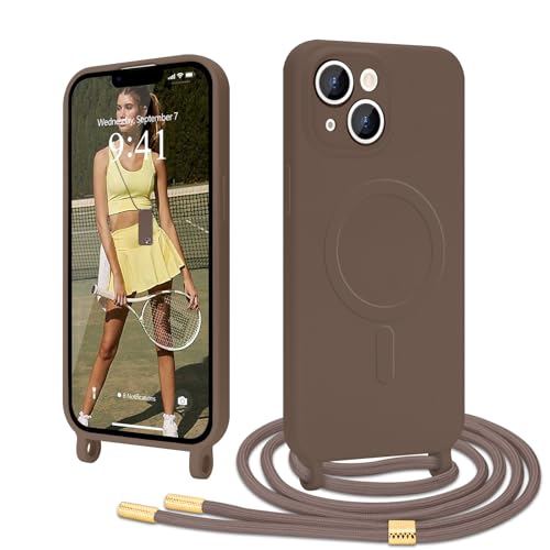 Ethanger Handykette für iPhone 14/13 Hülle mit Band [Kompatibel mit Magsafe] Flüssig Silikon Necklace Handyhülle Magnetische Schutzhülle zum Umhängen Kordel für iPhone 14/13 Braun von Ethanger