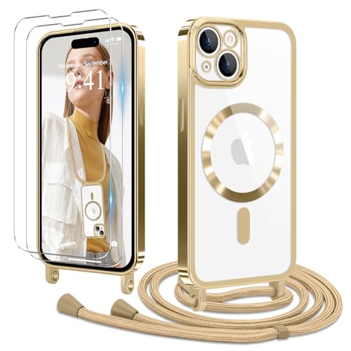 Ethanger Handykette für iPhone 15 Hülle mit Band + 2 Stück Glas Schutzfolie Silikon Transparent Handyhülle Magnetische Schutzhülle zum Umhängen Kordel für iPhone 15 Gold von Ethanger