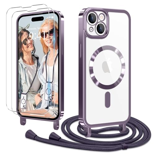 Ethanger Handykette für iPhone 15 Hülle mit Band + 2 Stück Glas Schutzfolie Transparent Silikon Handyhülle Magnetische Schutzhülle zum Umhängen Kordel für iPhone 15 Lila von Ethanger