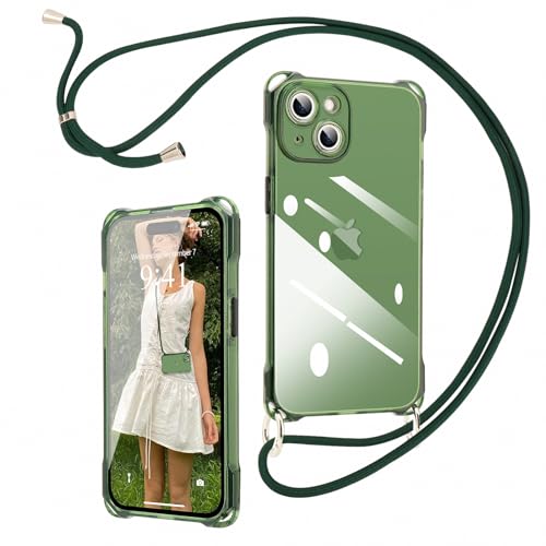 Ethanger Handykette für iPhone 15 Hülle mit Band Durchscheinend Silikon Handyhülle zum Umhängen Kordel Abnehmbar Necklace Transparent Case Stoßfest Schutzhülle für iPhone 15 Grün von Ethanger