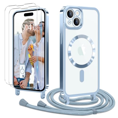 Ethanger Handykette für iPhone 15 Plus Hülle mit Band + 2 Stück Glas Schutzfolie Transparent Silikon Handyhülle Magnetische Schutzhülle zum Umhängen Kordel für iPhone 15 Plus Blau von Ethanger