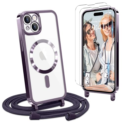 Ethanger Handykette für iPhone 15 Plus Hülle mit Band + 2 Stück Glas Schutzfolie Transparent Silikon Handyhülle Magnetische Schutzhülle zum Umhängen Kordel für iPhone 15 Plus Lila von Ethanger