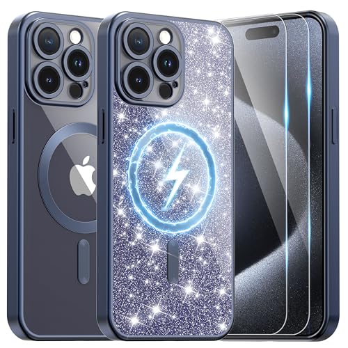 Ethanger Handykette für iPhone 15 Pro Hülle mit 2 Stück Panzerfolie [Kompatibel mit Magsafe][Glitzer Karte & Handschlaufe] Transparent Matt Case Silikon Handyhülle für iPhone 15 Pro Titan Blau von Ethanger