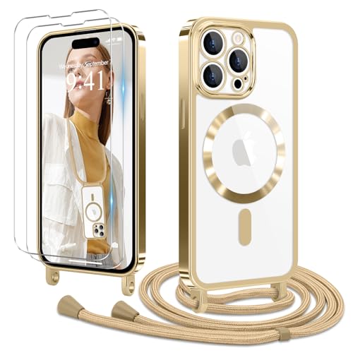 Ethanger Handykette für iPhone 15 Pro Hülle mit Band + 2 Stück Glas Schutzfolie Transparent Silikon Handyhülle Magnetische Schutzhülle Case für iPhone 15 Pro Gold von Ethanger