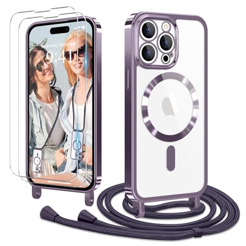 Ethanger Handykette für iPhone 15 Pro Hülle mit Band + 2 Stück Glas Schutzfolie Transparent Silikon Handyhülle Magnetische Schutzhülle Case für iPhone 15 Pro Lila von Ethanger