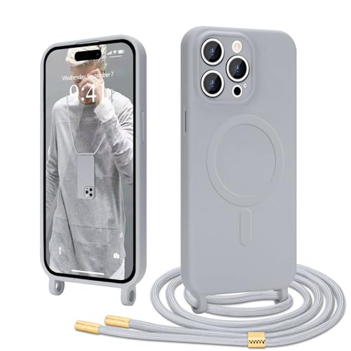 Ethanger Handykette für iPhone 15 Pro Hülle mit Band [Kompatibel mit Magsafe] Flüssig Silikon Necklace Handyhülle Magnetische Schutzhülle zum Umhängen Kordel für iPhone 15 Pro Grau von Ethanger