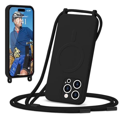 Ethanger Handykette für iPhone 15 Pro Hülle mit Band [Kompatibel mit Magsafe] Flüssig Silikon Necklace Handyhülle Magnetische Schutzhülle zum Umhängen Kordel für iPhone 15 Pro Schwarz von Ethanger
