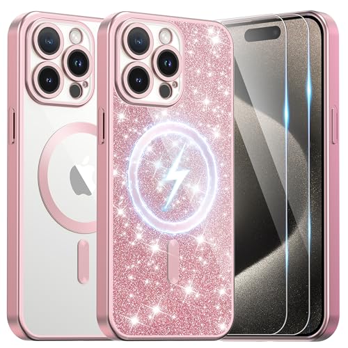 Ethanger Handykette für iPhone 15 Pro Max Hülle mit 2 Stück Panzerfolie [Kompatibel mit Magsafe][Glitzer Karte&Handschlaufe] Transparent Matt Case Silikon Handyhülle für iPhone 15 Pro Max Titan Rosa von Ethanger