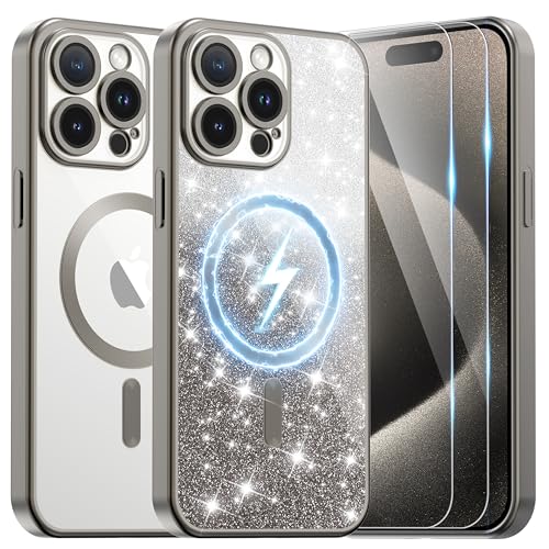 Ethanger Handykette für iPhone 15 Pro Max Hülle mit 2 Stück Panzerfolie [Kompatibel mit Magsafe][Glitzer Karte&Handschlaufe] Transparent Matt Case Silikon Handyhülle für iPhone 15 Pro Max Titan Grau von Ethanger