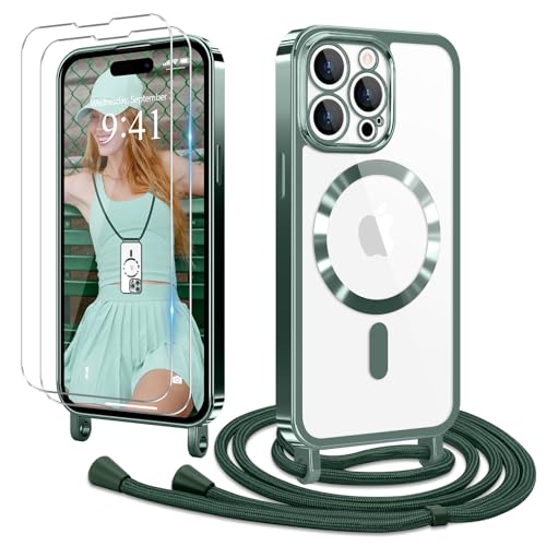 Ethanger Handykette für iPhone 15 Pro Max Hülle mit Band + 2 Stück Glas Schutzfolie Transparent Silikon Handyhülle Magnetische Schutzhülle für iPhone 15 Pro Max Grün von Ethanger