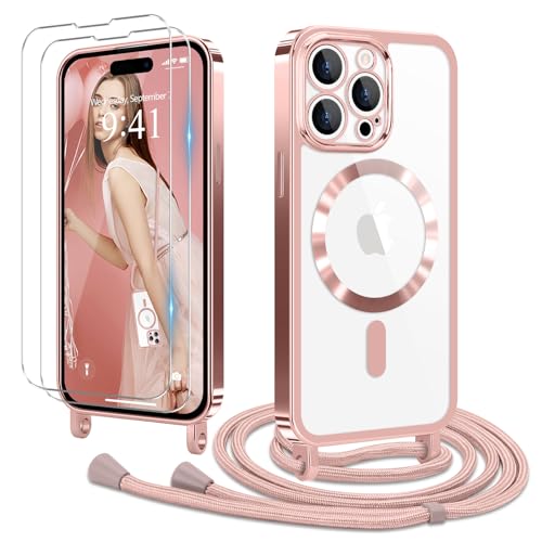 Ethanger Handykette für iPhone 15 Pro Max Hülle mit Band + 2 Stück Glas Schutzfolie Transparent Silikon Handyhülle Magnetische Schutzhülle für iPhone 15 Pro Max Rosa von Ethanger