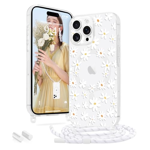 Ethanger Handykette für iPhone 15 Pro Max Hülle mit Band [Kompatibel mit MagSafe] Transparent Blumen Muster Magnetische Handyhülle Silikon Schutzhülle zum Umhängen Kordel für iPhone 15 Pro Max Weiß von Ethanger