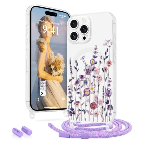 Ethanger Handykette für iPhone 15 Pro Max Hülle mit Band [Kompatibel mit MagSafe] Transparent Blumen Muster Magnetische Handyhülle Silikon Schutzhülle zum Umhängen Kordel für iPhone 15 Pro Max Lila von Ethanger