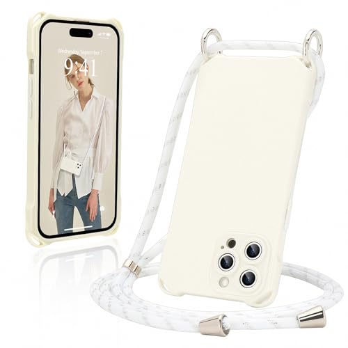 Ethanger Handykette für iPhone 15 Pro Max Hülle mit Band Silikon Handyhülle zum Umhängen Kordel Abnehmbar Necklace Transparent Case Stoßfest Schutzhülle für iPhone 15 Pro Max Weiß von Ethanger