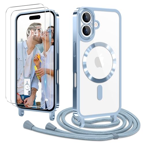 Ethanger Handykette für iPhone 16 Hülle mit Band + 2 Stück Glas Schutzfolie Transparent Silikon Handyhülle Magnetische Schutzhülle Case zum Umhängen Kordel für iPhone 16 Blau von Ethanger