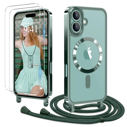 Ethanger Handykette für iPhone 16 Hülle mit Band + 2 Stück Glas Schutzfolie Transparent Silikon Handyhülle Magnetische Schutzhülle Case zum Umhängen Kordel für iPhone 16 Grün von Ethanger