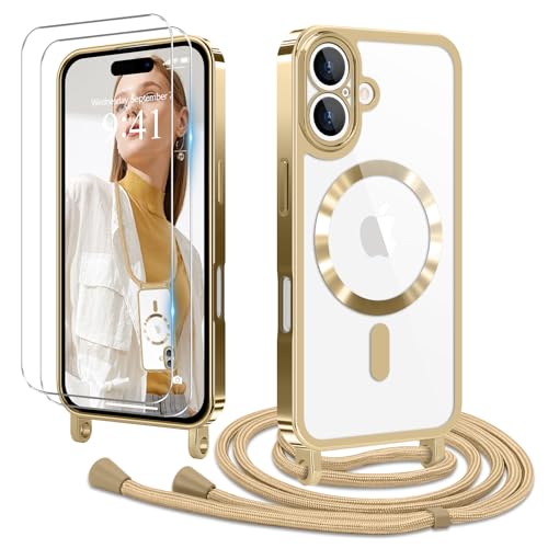 Ethanger Handykette für iPhone 16 Plus Hülle mit Band + 2 Stück Glas Schutzfolie Transparent Silikon Handyhülle Magnetische Schutzhülle Case zum Umhängen Kordel für iPhone 16 Plus Gold von Ethanger