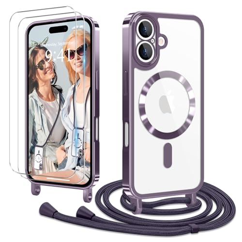 Ethanger Handykette für iPhone 16 Plus Hülle mit Band + 2 Stück Glas Schutzfolie Transparent Silikon Handyhülle Magnetische Schutzhülle Case zum Umhängen Kordel für iPhone 16 Plus Lila von Ethanger