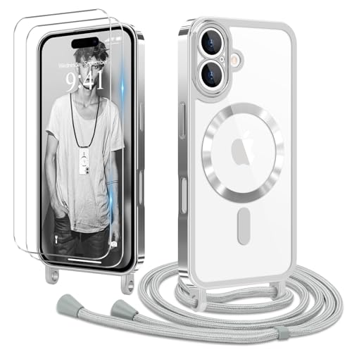 Ethanger Handykette für iPhone 16 Plus Hülle mit Band + 2 Stück Glas Schutzfolie Transparent Silikon Handyhülle Magnetische Schutzhülle Case zum Umhängen Kordel für iPhone 16 Plus Silber von Ethanger