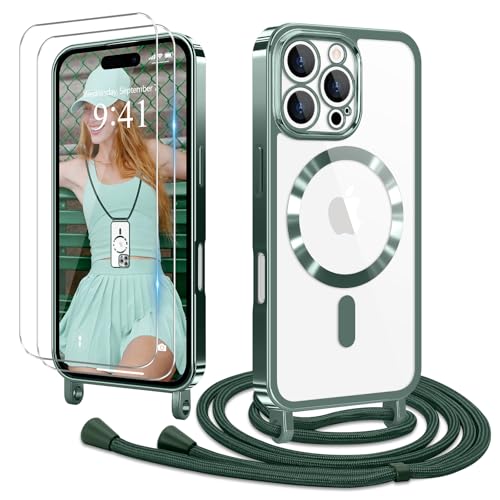 Ethanger Handykette für iPhone 16 Pro Hülle mit Band + 2 Stück Glas Schutzfolie Transparent Silikon Handyhülle Magnetische Schutzhülle Case zum Umhängen Kordel für iPhone 16 Pro Grün von Ethanger