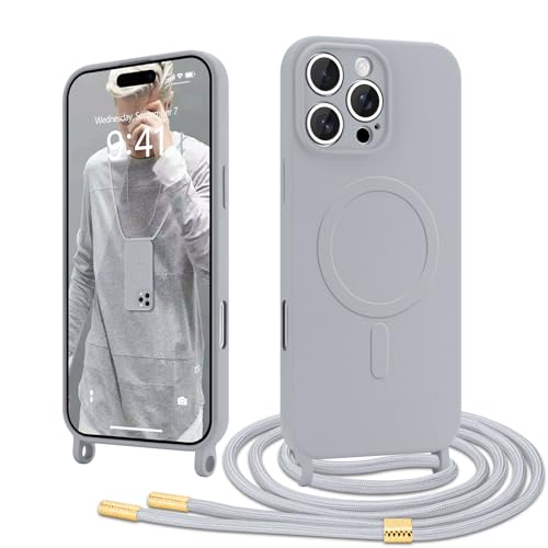 Ethanger Handykette für iPhone 16 Pro Hülle mit Band [Kompatibel mit Magsafe] Flüssig Silikon Necklace Handyhülle Magnetische Schutzhülle zum Umhängen Kordel für iPhone 16 Pro Grau von Ethanger