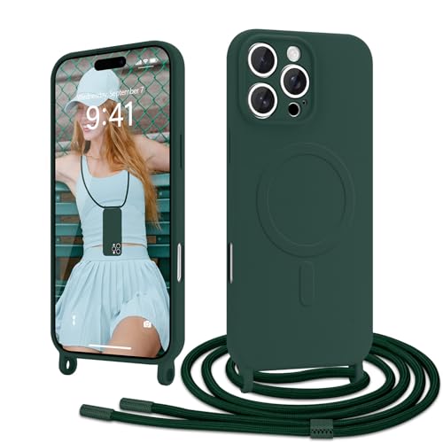 Ethanger Handykette für iPhone 16 Pro Hülle mit Band [Kompatibel mit Magsafe] Flüssig Silikon Necklace Handyhülle Magnetische Schutzhülle zum Umhängen Kordel für iPhone 16 Pro Grün von Ethanger