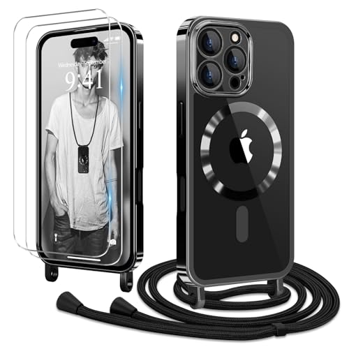 Ethanger Handykette für iPhone 16 Pro Max Hülle mit Band + 2 Stück Glas Schutzfolie Transparent Silikon Handyhülle Magnetische Schutzhülle Case zum Umhängen Kordel für iPhone 16 Pro Max Schwarz von Ethanger