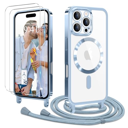 Ethanger Handykette für iPhone 16 Pro Max Hülle mit Band + 2 Stück Glas Schutzfolie Transparent Silikon Handyhülle Magnetische Schutzhülle Case zum Umhängen Kordel für iPhone 16 Pro Max Blau von Ethanger