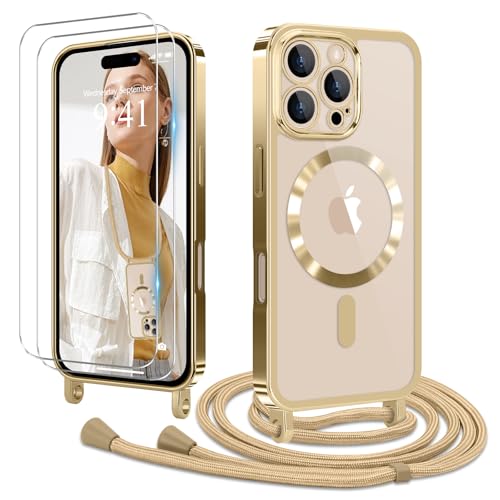 Ethanger Handykette für iPhone 16 Pro Max Hülle mit Band + 2 Stück Glas Schutzfolie Transparent Silikon Handyhülle Magnetische Schutzhülle Case zum Umhängen Kordel für iPhone 16 Pro Max Gold von Ethanger