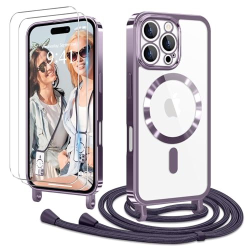 Ethanger Handykette für iPhone 16 Pro Max Hülle mit Band + 2 Stück Glas Schutzfolie Transparent Silikon Handyhülle Magnetische Schutzhülle Case zum Umhängen Kordel für iPhone 16 Pro Max Lila von Ethanger