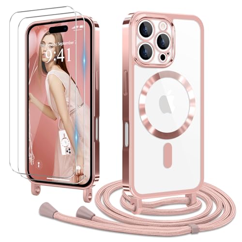 Ethanger Handykette für iPhone 16 Pro Max Hülle mit Band + 2 Stück Glas Schutzfolie Transparent Silikon Handyhülle Magnetische Schutzhülle Case zum Umhängen Kordel für iPhone 16 Pro Max Rosa von Ethanger