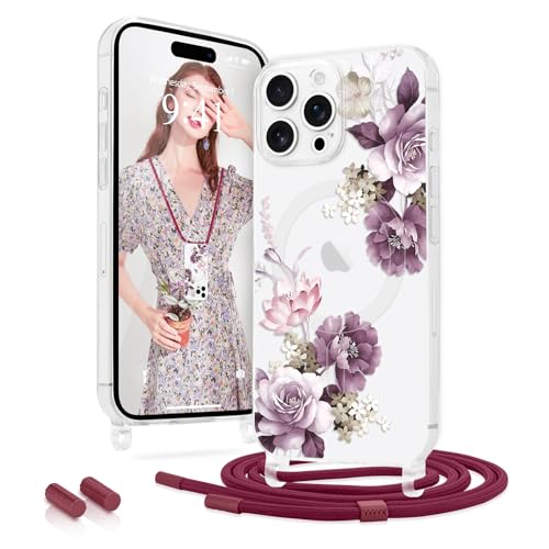 Ethanger Handykette für iPhone 16 Pro Max Hülle mit Band [Kompatibel mit MagSafe] Transparent Blumen Muster Magnetische Handyhülle Silikon Schutzhülle zum Umhängen Kordel für iPhone 16 Pro Max Rot von Ethanger
