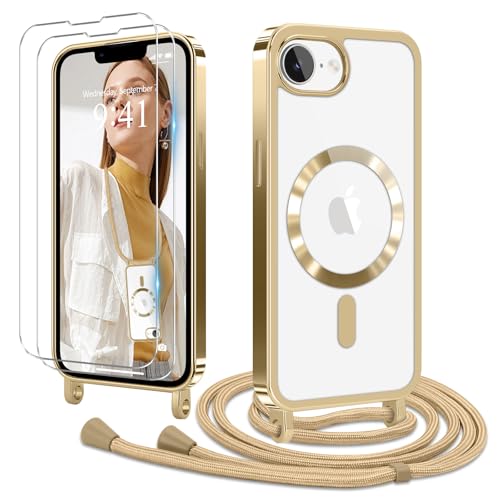 Ethanger Handykette für iPhone 16e Hülle mit Band + 2 Stück Glas Schutzfolie Transparent Silikon Handyhülle Magnetische Schutzhülle Case zum Umhängen Kordel für iPhone 16e Gold von Ethanger