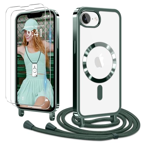 Ethanger Handykette für iPhone 16e Hülle mit Band + 2 Stück Glas Schutzfolie Transparent Silikon Handyhülle Magnetische Schutzhülle Case zum Umhängen Kordel für iPhone 16e Grün von Ethanger