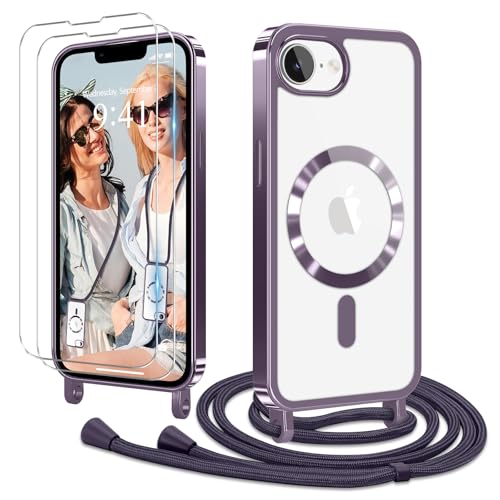 Ethanger Handykette für iPhone 16e Hülle mit Band + 2 Stück Glas Schutzfolie Transparent Silikon Handyhülle Magnetische Schutzhülle Case zum Umhängen Kordel für iPhone 16e Lila von Ethanger