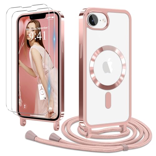 Ethanger Handykette für iPhone 16e Hülle mit Band + 2 Stück Glas Schutzfolie Transparent Silikon Handyhülle Magnetische Schutzhülle Case zum Umhängen Kordel für iPhone 16e Rosa von Ethanger