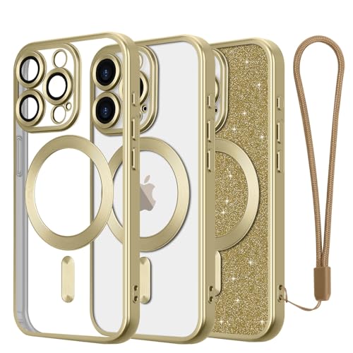 Ethanger Magnetisch Handyhülle für iPhone 15 Pro Hülle mit Band [Kompatibel mit Magsafe][Glitzer Karte&Handschlaufe]Transparent Ultra Dünn Matt Silikon Case Stoßfest Schutzhülle für iPhone 15 Pro Gold von Ethanger