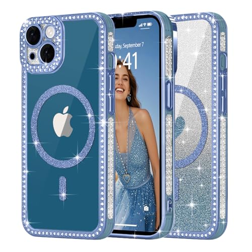 Ethanger für iPhone 13 Hülle [Glitzer Karte mit Herzmuster] Kristall Luxus Glänzend Diamant Handyhülle für Frauen Mädchen Transparent Silikon Case Stoßfest Schutzhülle für iPhone 13 Blau von Ethanger