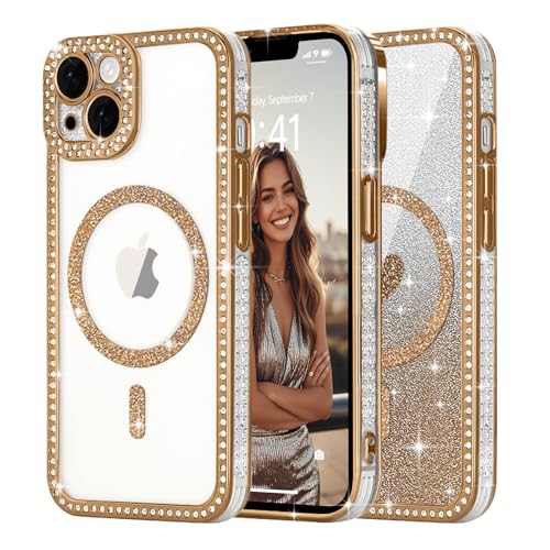 Ethanger für iPhone 13 Hülle [Glitzer Karte mit Herzmuster] Kristall Luxus Glänzend Diamant Handyhülle für Frauen Mädchen Transparent Silikon Case Stoßfest Schutzhülle für iPhone 13 Gold von Ethanger