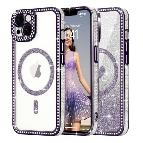 Ethanger für iPhone 13 Hülle [Glitzer Karte mit Herzmuster] Kristall Luxus Glänzend Diamant Handyhülle für Frauen Mädchen Transparent Silikon Case Stoßfest Schutzhülle für iPhone 13 Lila von Ethanger