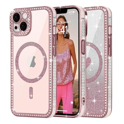 Ethanger für iPhone 13 Hülle [Glitzer Karte mit Herzmuster] Kristall Luxus Glänzend Diamant Handyhülle für Frauen Mädchen Transparent Silikon Case Stoßfest Schutzhülle für iPhone 13 Rosa von Ethanger